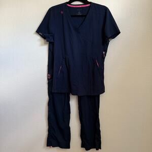 Koi Sz M Striped Top and Pants Scrub Set Navy Blue Medical Dental Vet